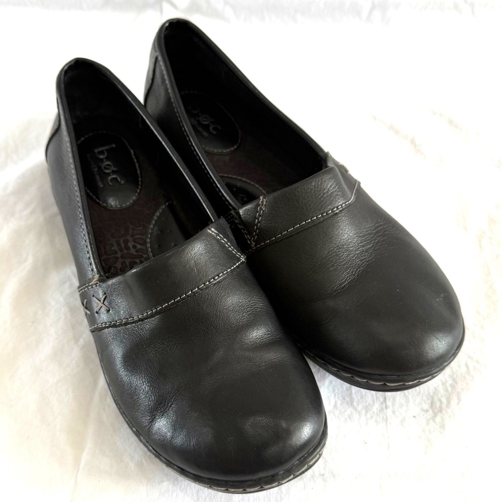 b.o.c. Born concept Black Leather Comfort Clogs Slip On Work Shoes Womens 9 M